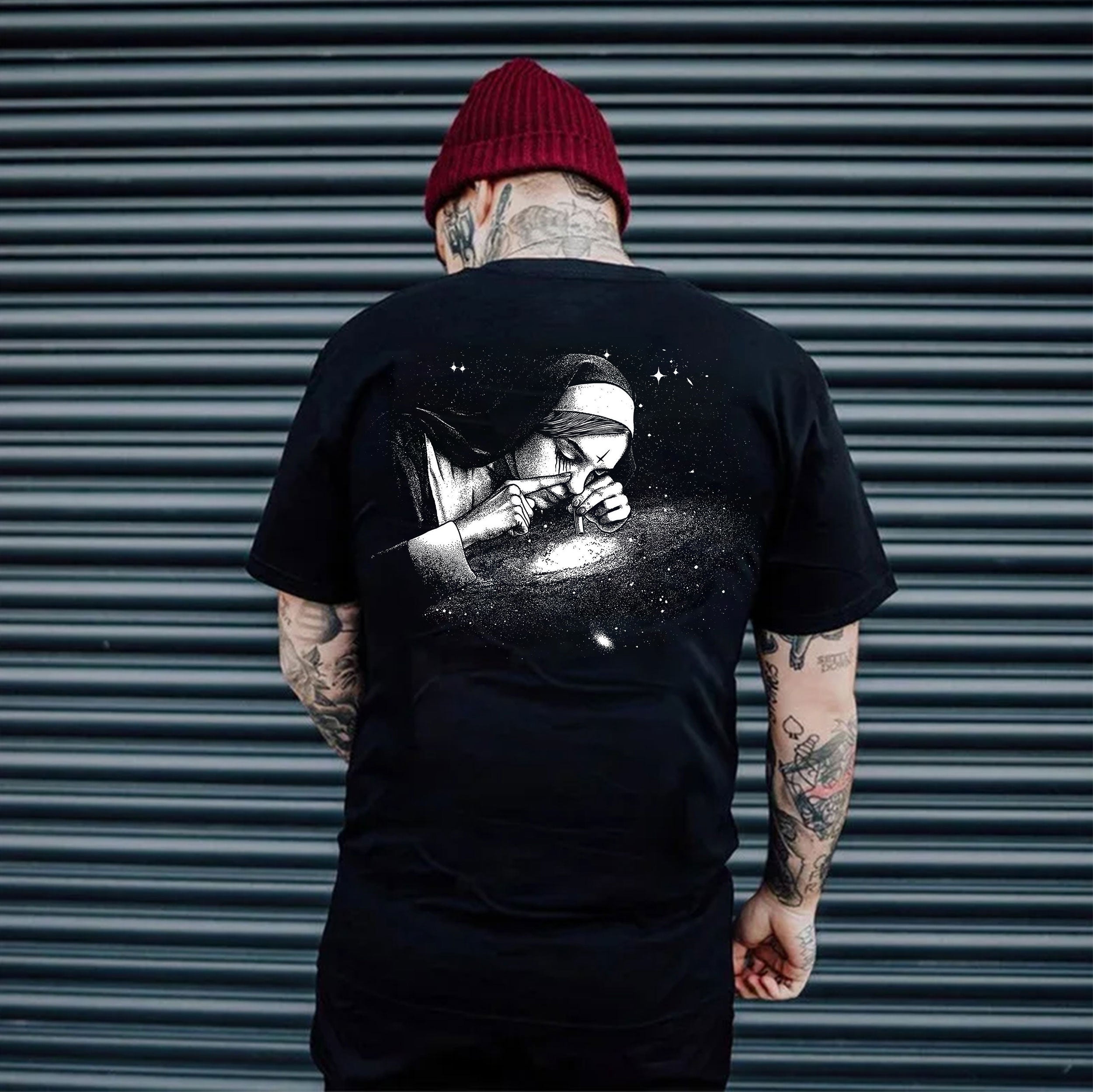 Nun Smoking Dark Style Black Print T-shirt