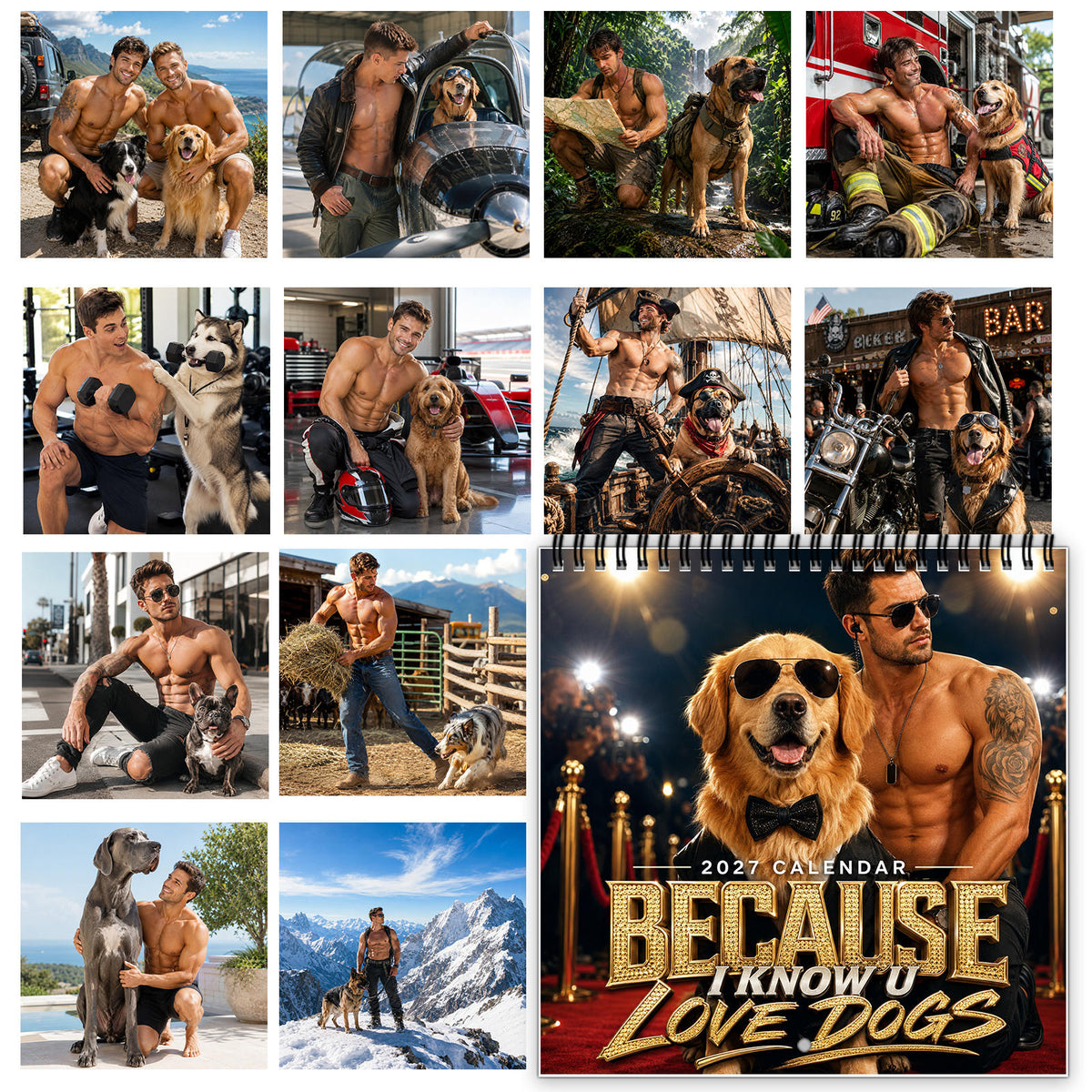 2027 Muscular Men & Beloved Dogs Wall Calendar