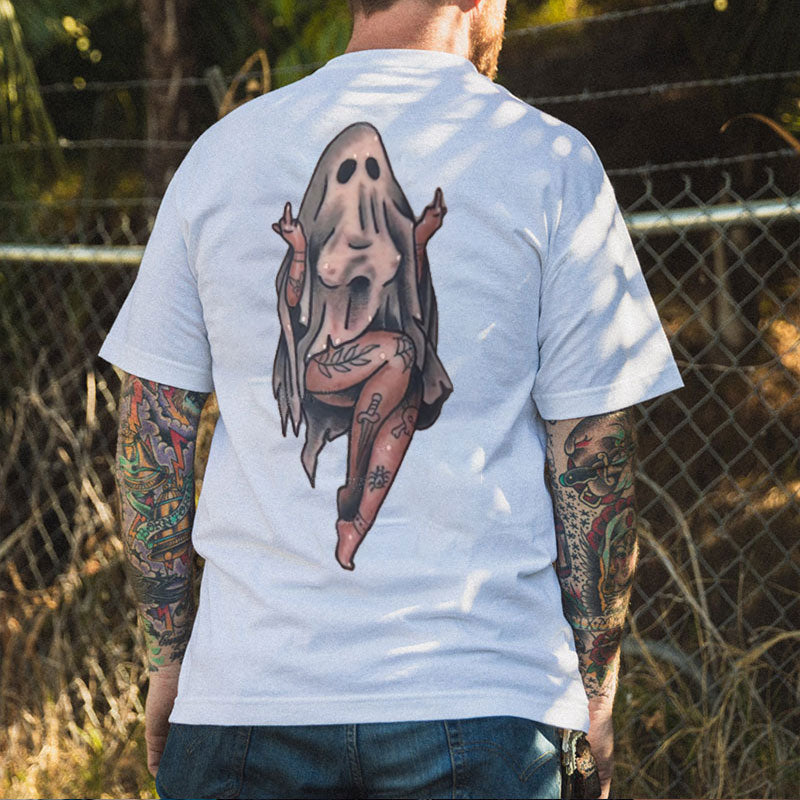 Naughty Sexy Lady Ghost with Tattoo Black Print T-shirt