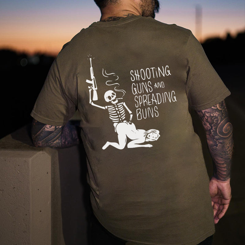 SHOOTING GUNS AND SPREADING BUNS Skull with Sexy Lady Print T-shirt