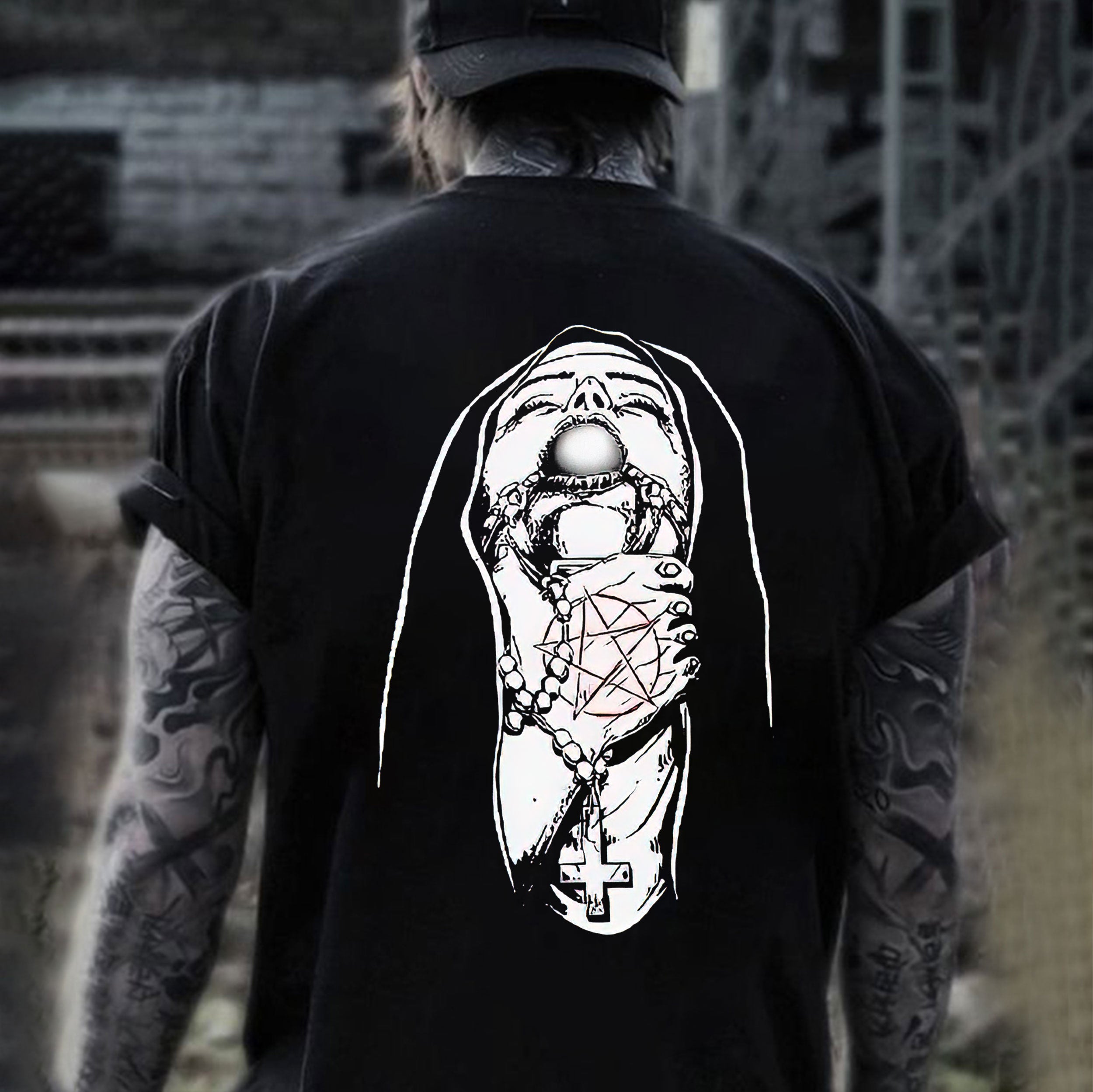 Chokehold Nun Religious Pattern Casual Black Print T-shirt