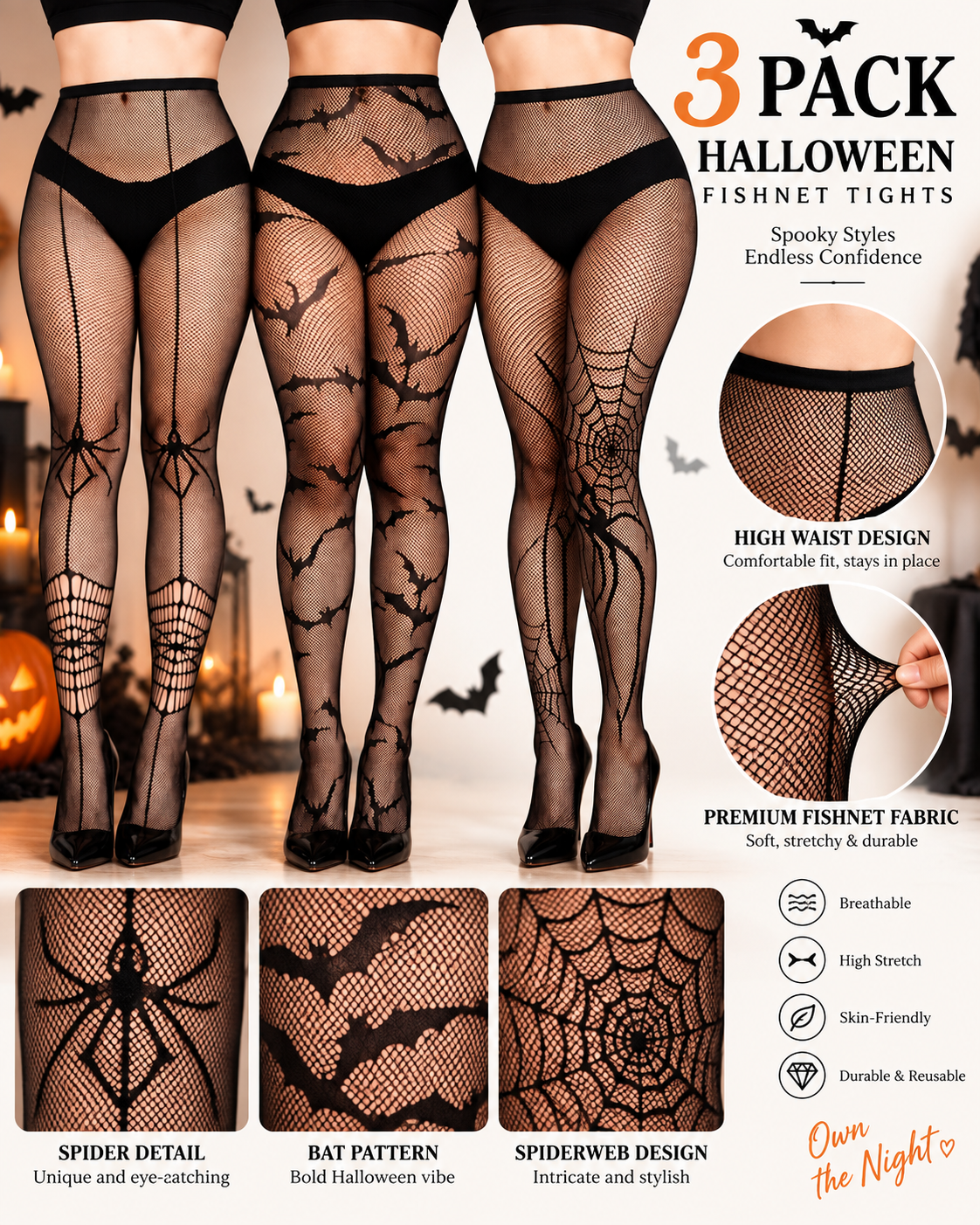 3 Pairs Halloween Sexy Spider Bat Web Fishnet Sheer Pantyhose