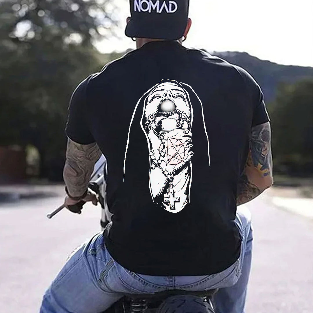 Chokehold Nun Religious Pattern Casual Black Print T-shirt