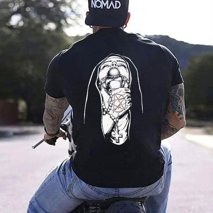 Chokehold Nun Religious Pattern Casual Black Print T-shirt