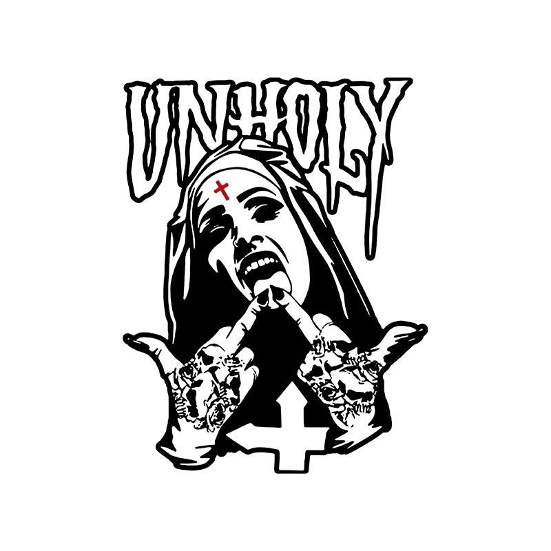 UNHOLY Nun with Crucifix on Forehead Graphic Casual Black Print T-shirt