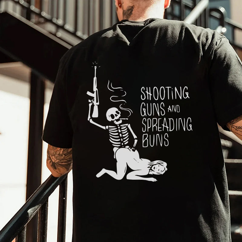SHOOTING GUNS AND SPREADING BUNS Skull with Sexy Lady Print T-shirt
