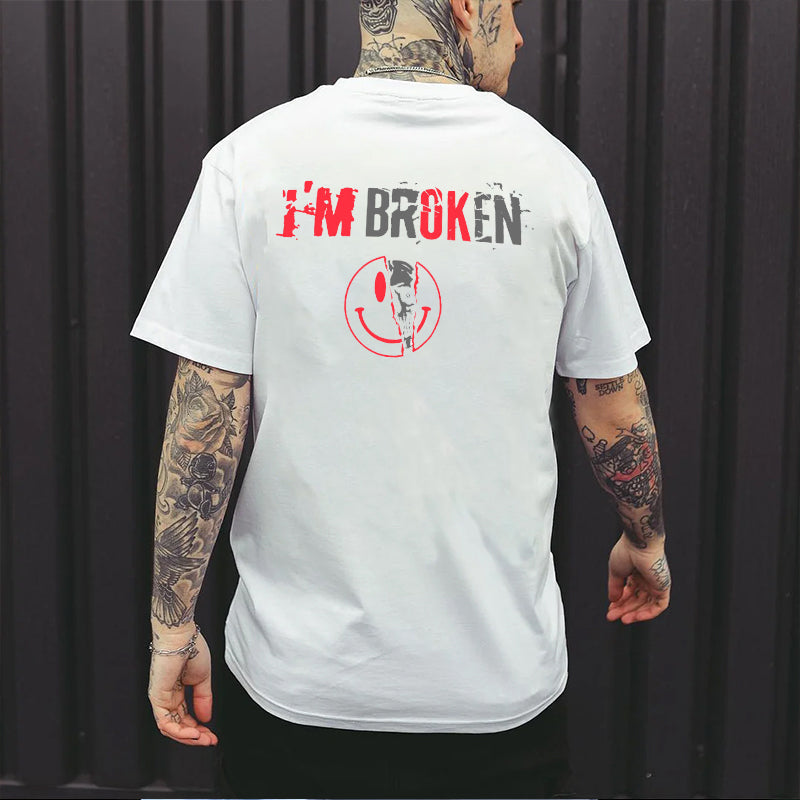 I'M BROKEN and Smiling Face Skull Graphic Casual Black and White Print T-shirt