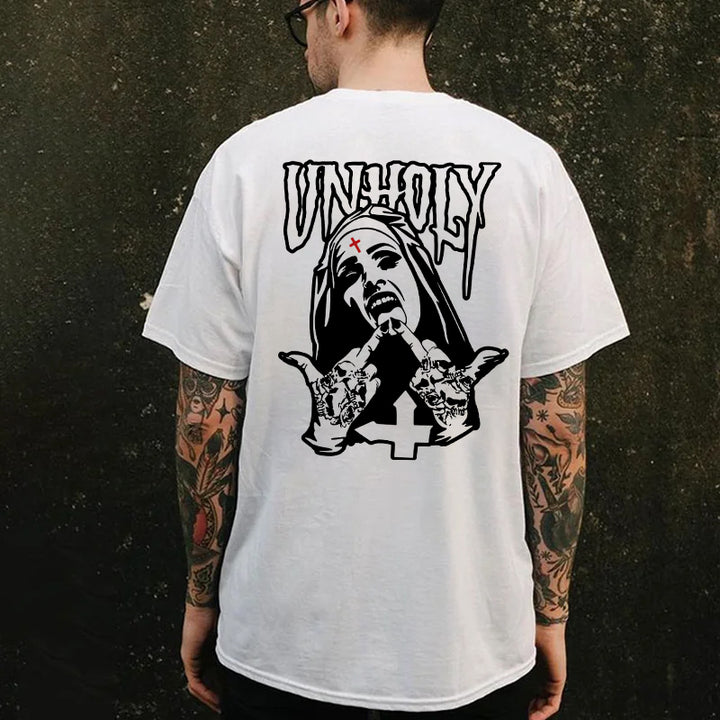 UNHOLY Nun with Crucifix on Forehead Graphic Casual Black Print T-shirt