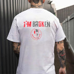 I'M BROKEN and Smiling Face Skull Graphic Casual Black and White Print T-shirt