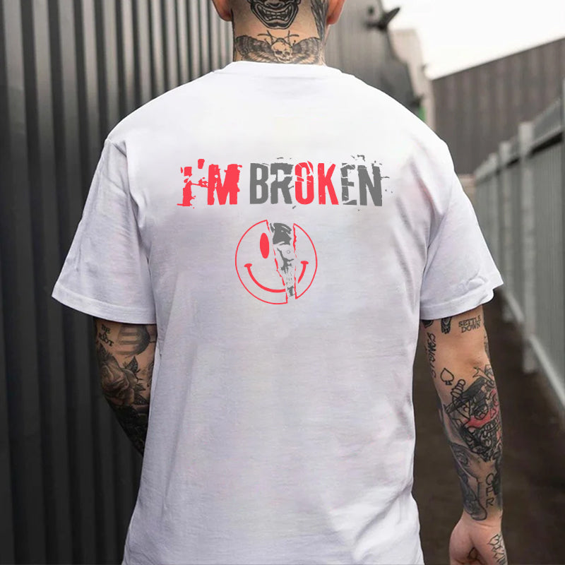 I'M BROKEN and Smiling Face Skull Graphic Casual Black and White Print T-shirt