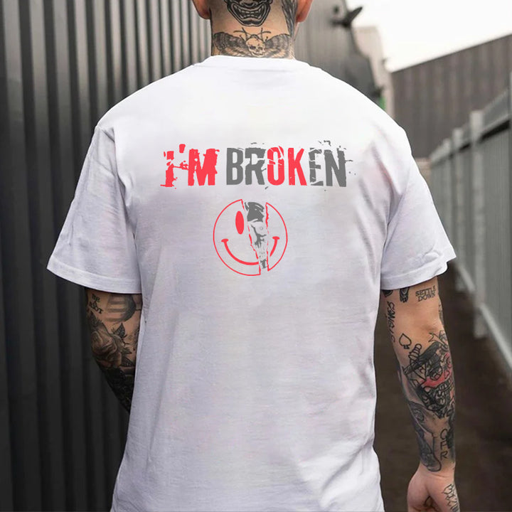 I'M BROKEN and Smiling Face Skull Graphic Casual Black and White Print T-shirt
