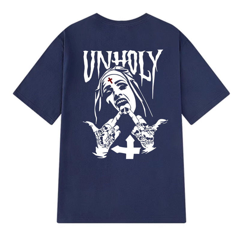 UNHOLY Nun with Crucifix on Forehead Graphic Casual Black Print T-shirt
