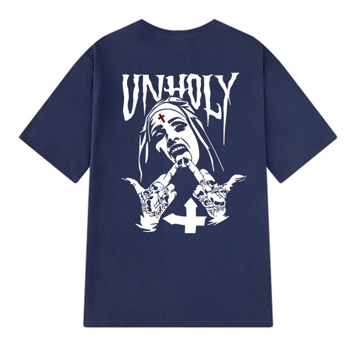 UNHOLY Nun with Crucifix on Forehead Graphic Casual Black Print T-shirt