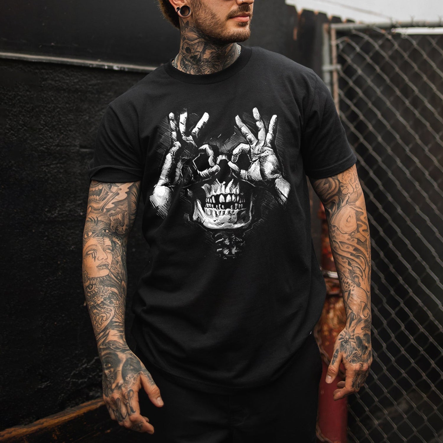Skull with OK Pattern Graphic Casual Black Print T-shirt