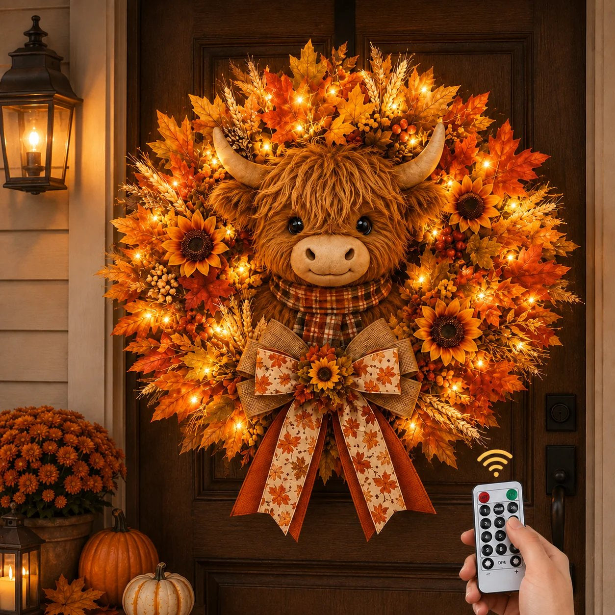 🐮Lighted Highland Cow Autumn Wreath