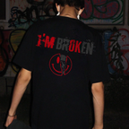 I'M BROKEN and Smiling Face Skull Graphic Casual Black and White Print T-shirt