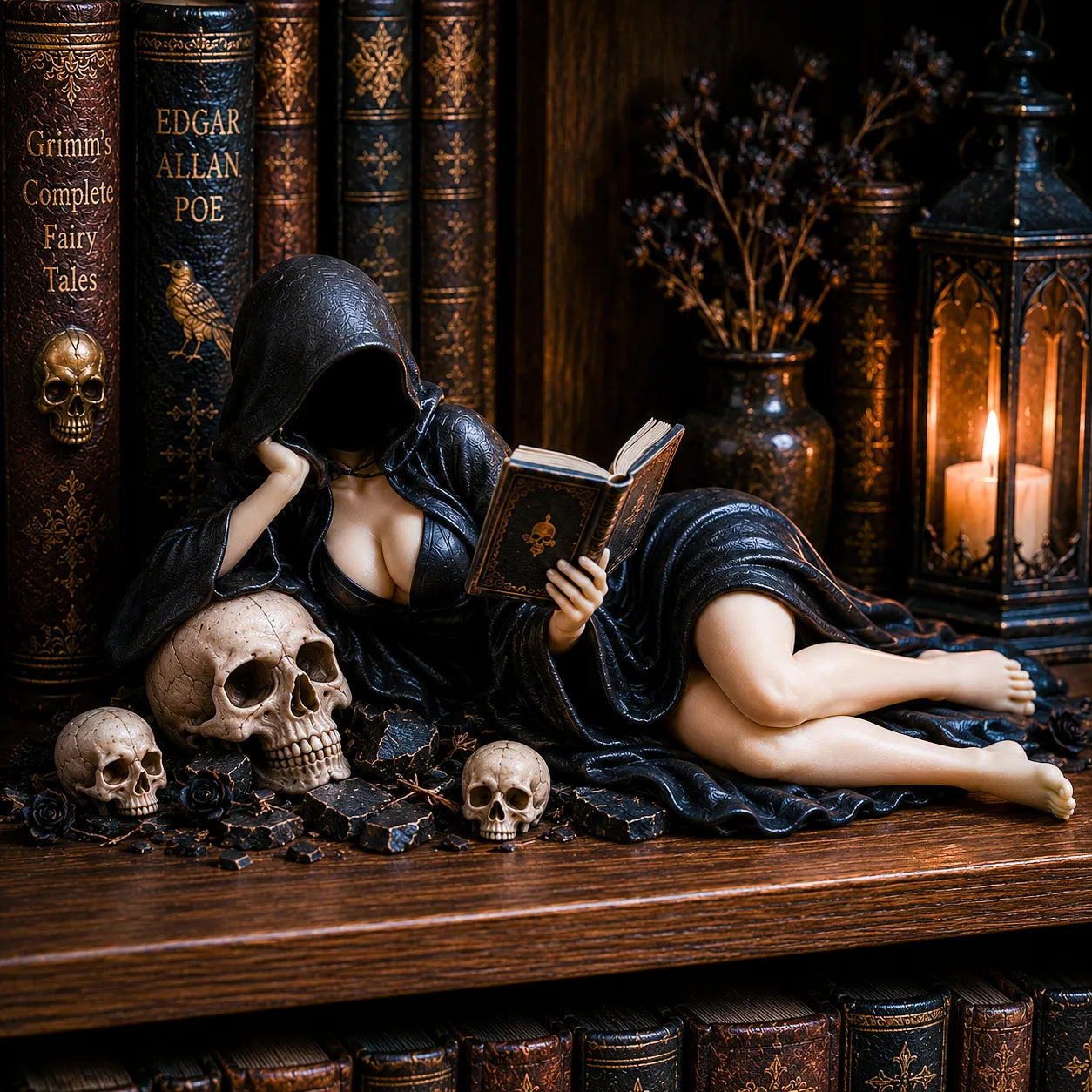 Gothic Hooded Reader Figurine – Dark Academia Bookshelf Decor