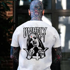 UNHOLY Nun with Crucifix on Forehead Graphic Casual Black Print T-shirt