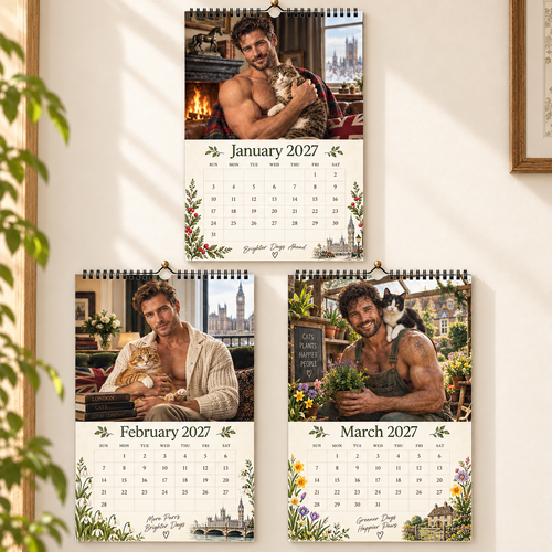 Because You Love Cats & Hot Guys 2027 Wall Calendar｜Fun British‑Style Novelty Wall Decor