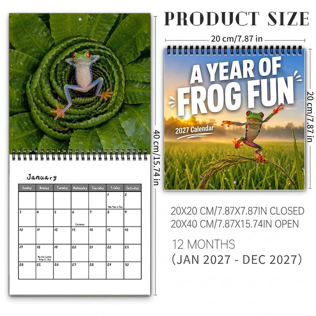 🐸 2027 Funny Frog Wall Calendar, 12-Month Spiral Planner With Notes
