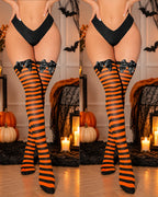 2 Pairs Halloween Colorblock Striped Bow Pumpkin Stockings