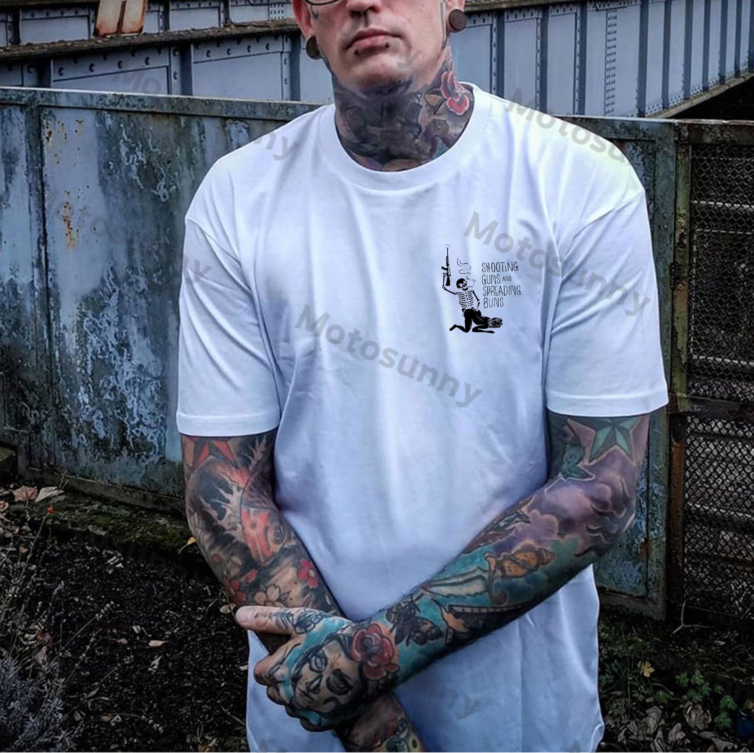SHOOTING GUNS AND SPREADING BUNS Skull with Sexy Lady Print T-shirt