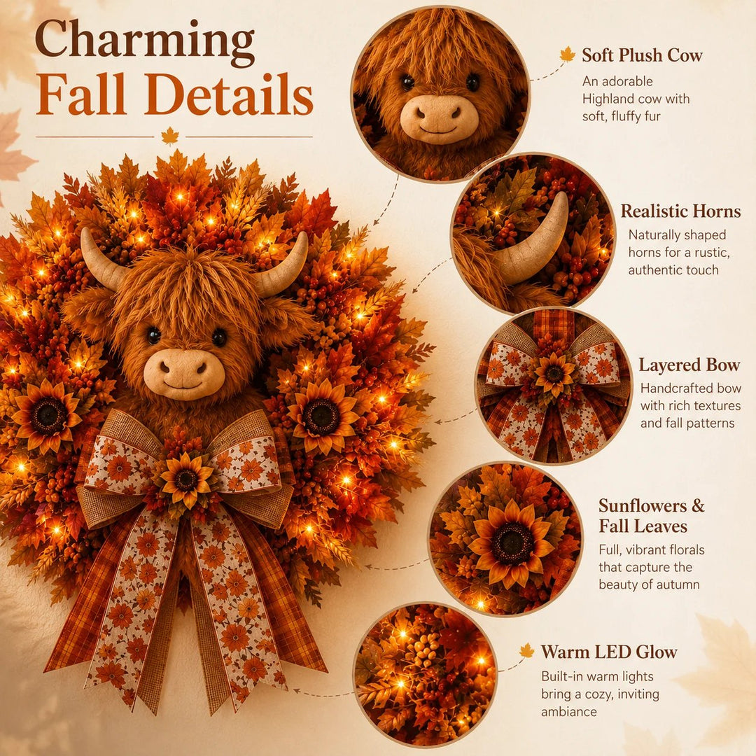 🐮Lighted Highland Cow Autumn Wreath