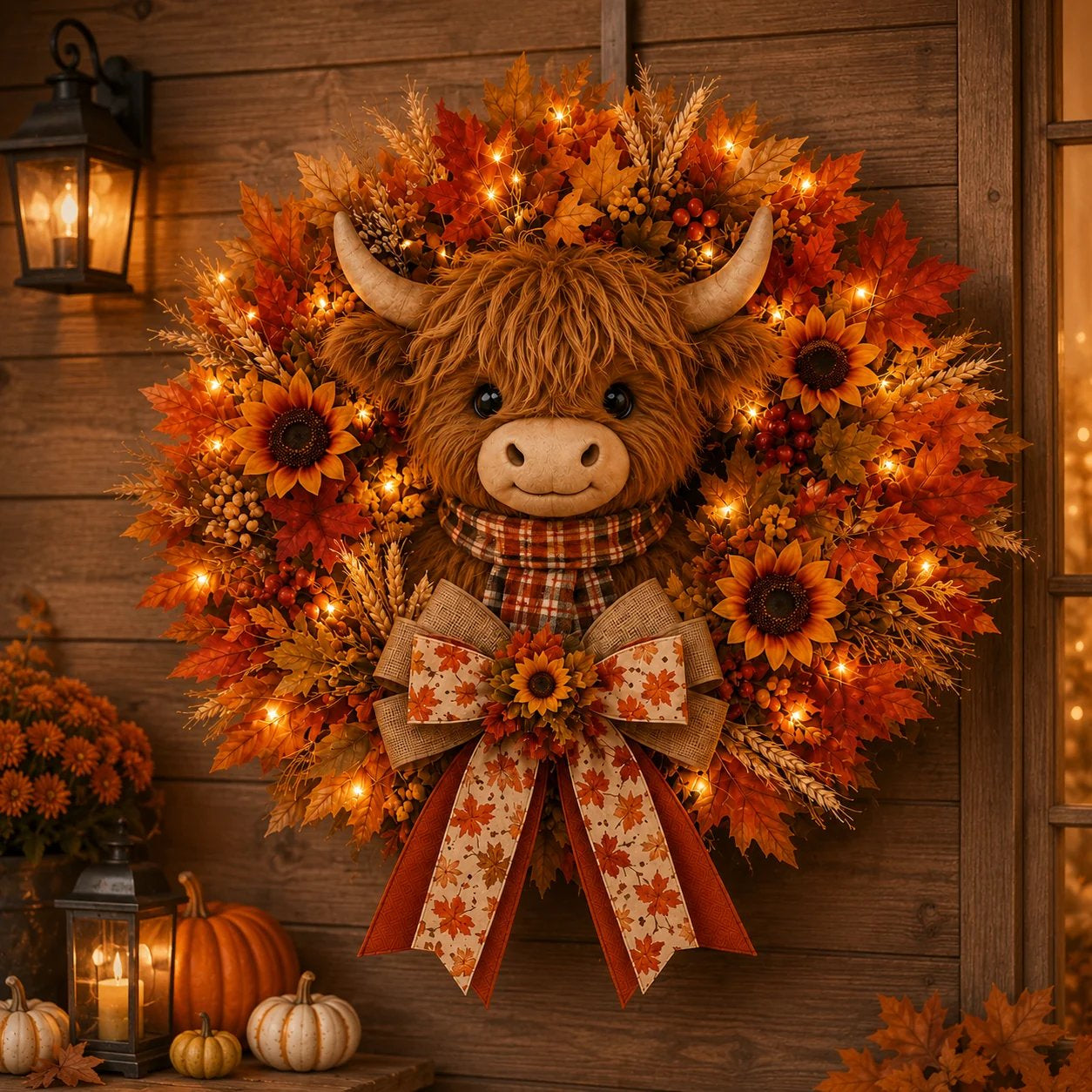 🐮Lighted Highland Cow Autumn Wreath