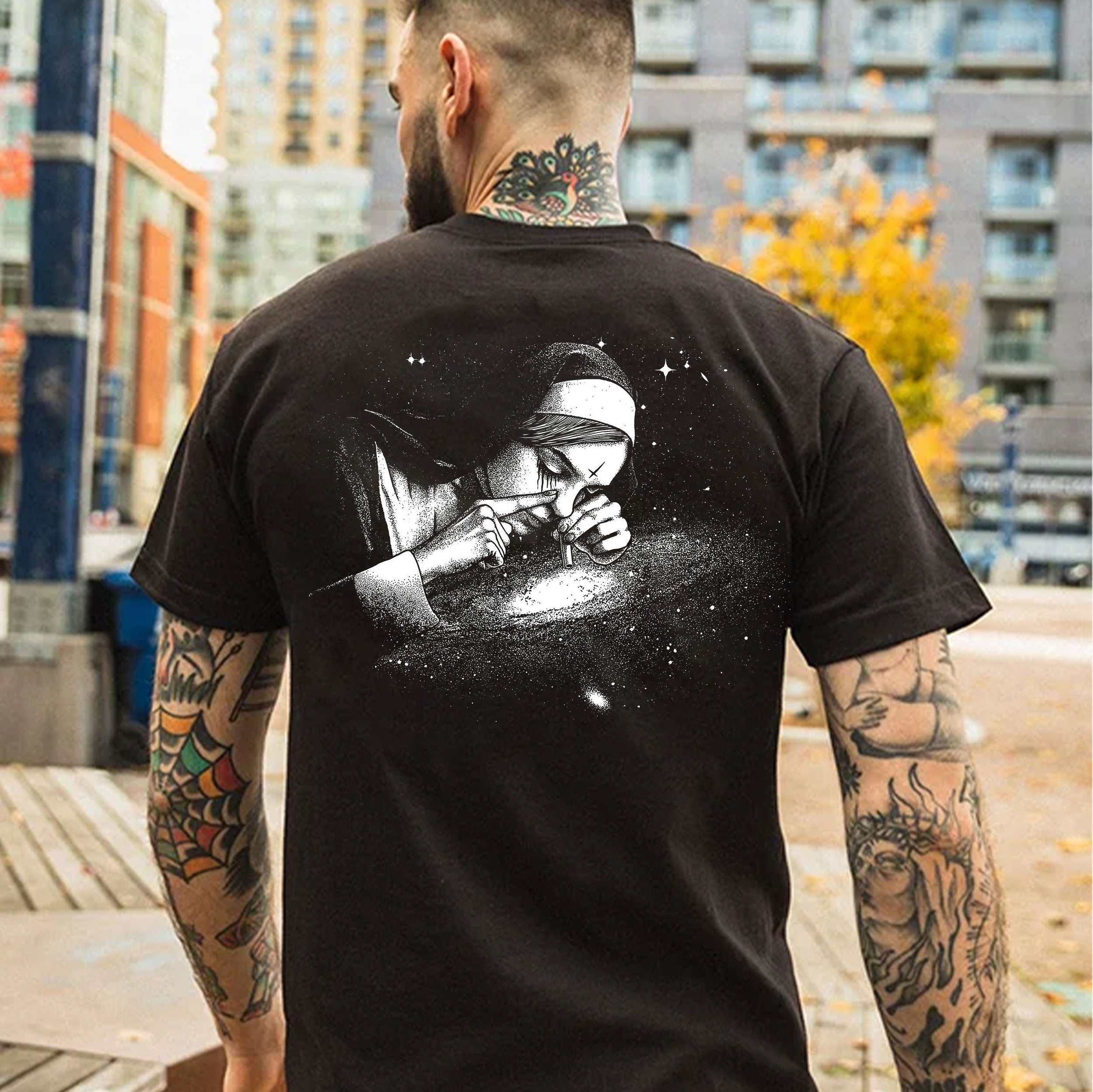 Nun Smoking Dark Style Black Print T-shirt