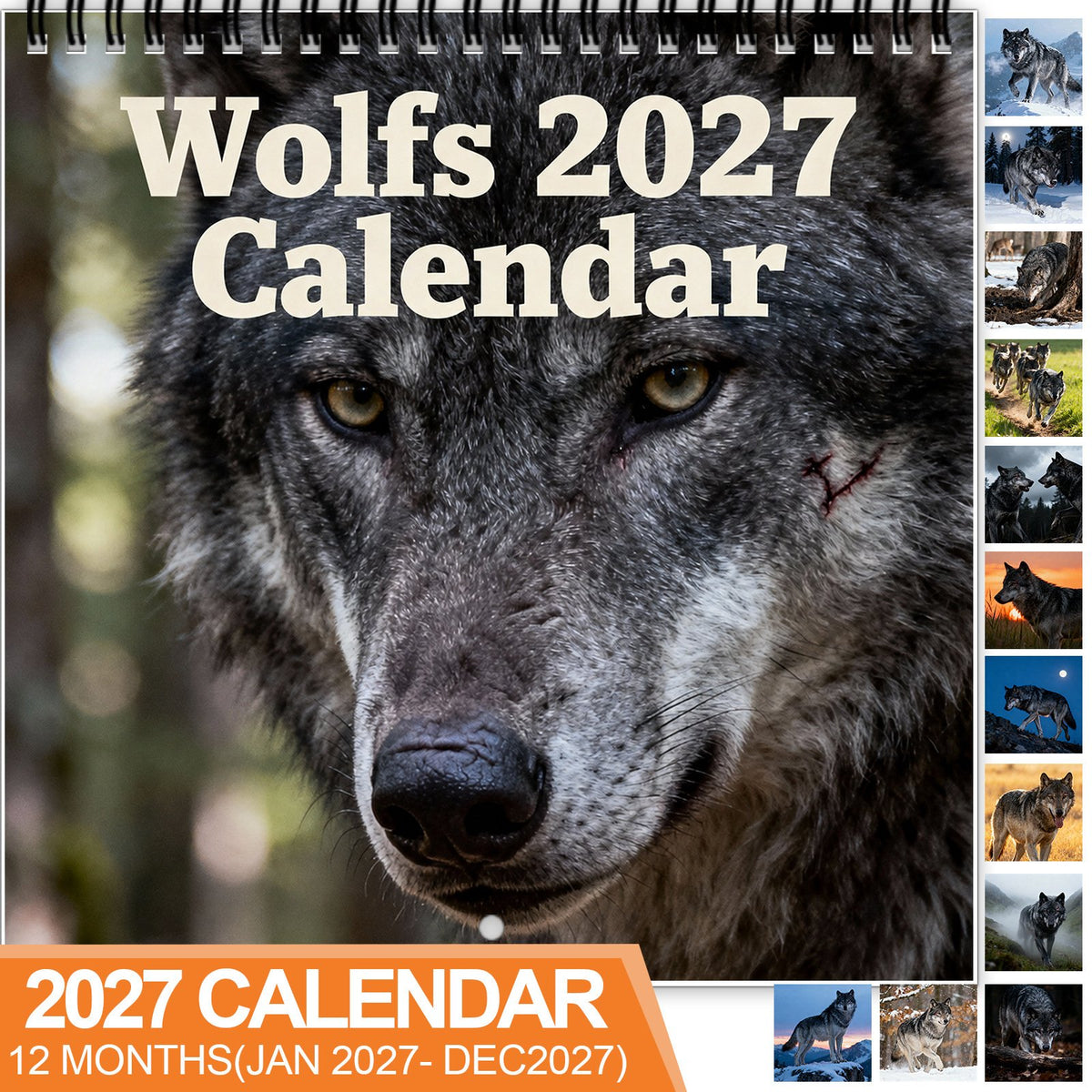 🐺 2027 Wolf Wall Calendar, 12-Month Spiral Planner