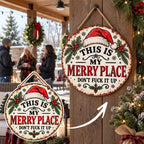 🎄🏡 This Is My Merry Place — Vintage Christmas Hanging Sign with Santa Hat & Holly