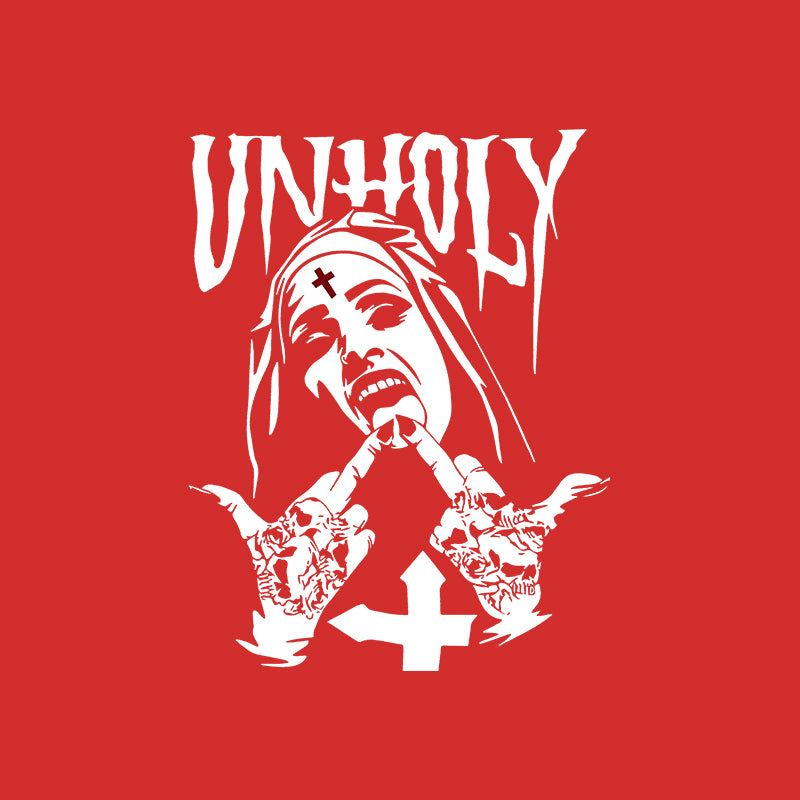 UNHOLY Nun with Crucifix on Forehead Graphic Casual Black Print T-shirt