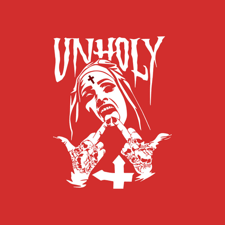 UNHOLY Nun with Crucifix on Forehead Graphic Casual Black Print T-shirt