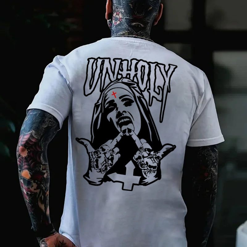 UNHOLY Nun with Crucifix on Forehead Graphic Casual Black Print T-shirt