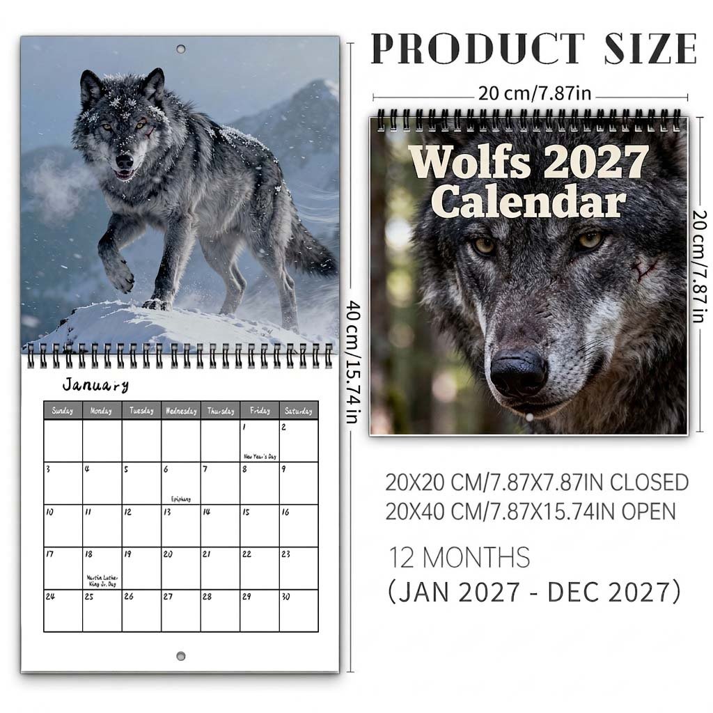 🐺 2027 Wolf Wall Calendar, 12-Month Spiral Planner