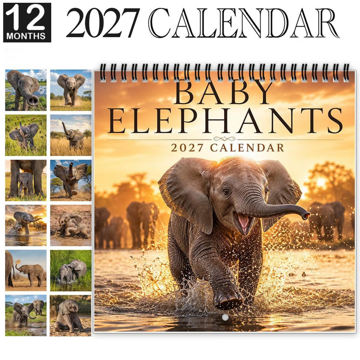 🐘2027 Cute Elephant Wall Calendar, Spiral Bound Animal Gift Decor