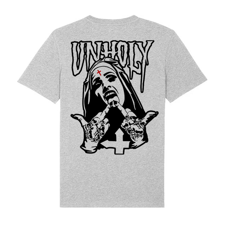 UNHOLY Nun with Crucifix on Forehead Graphic Casual Black Print T-shirt