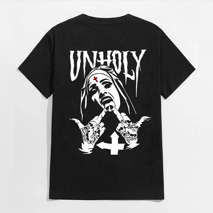 UNHOLY Nun with Crucifix on Forehead Graphic Casual Black Print T-shirt