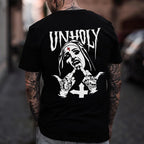 UNHOLY Nun with Crucifix on Forehead Graphic Casual Black Print T-shirt
