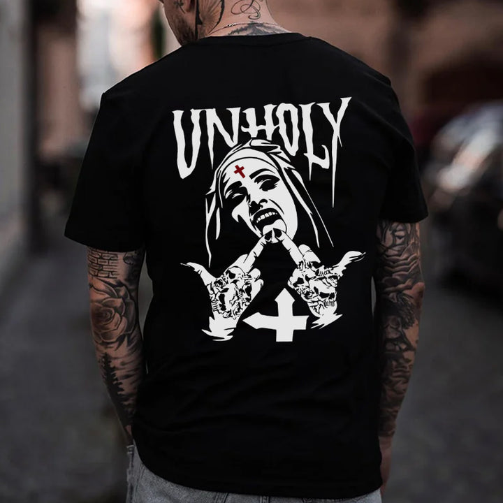 UNHOLY Nun with Crucifix on Forehead Graphic Casual Black Print T-shirt