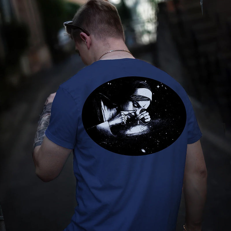 Nun Smoking Dark Style Black Print T-shirt