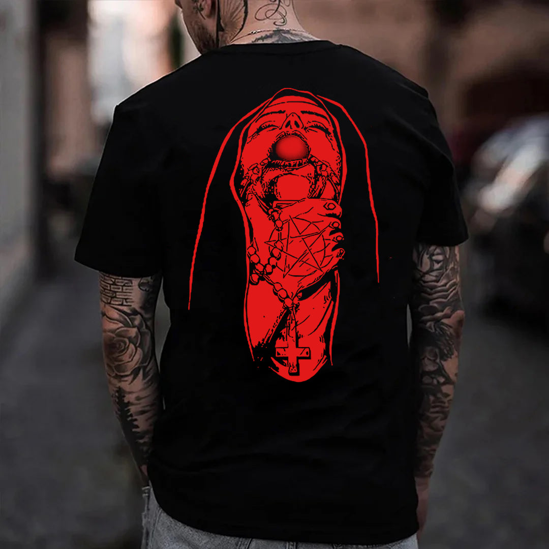 Chokehold Nun Religious Pattern Casual Black Print T-shirt
