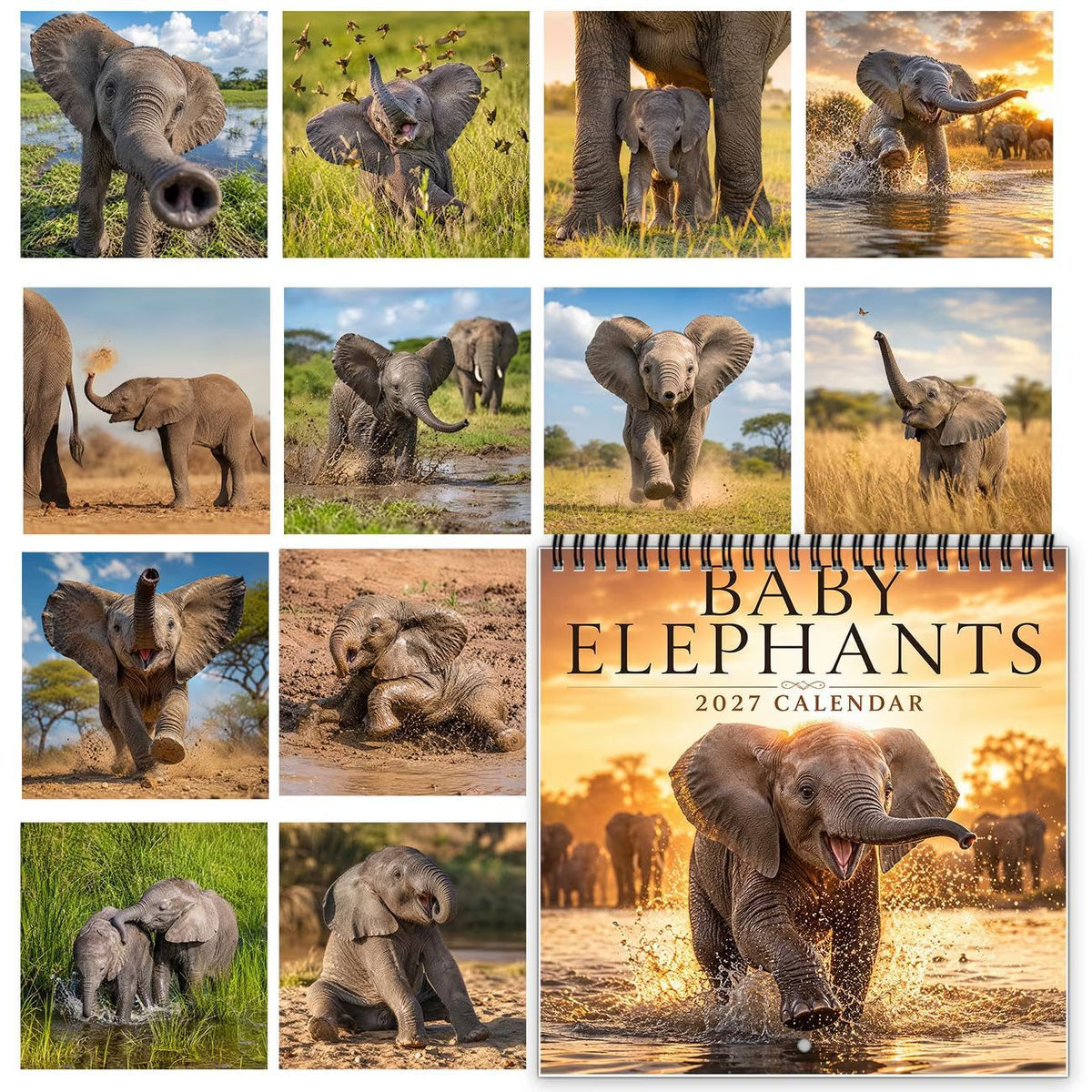 🐘2027 Cute Elephant Wall Calendar, Spiral Bound Animal Gift Decor