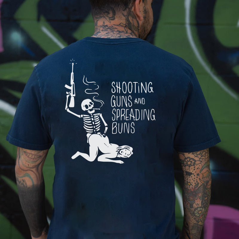 SHOOTING GUNS AND SPREADING BUNS Skull with Sexy Lady Print T-shirt