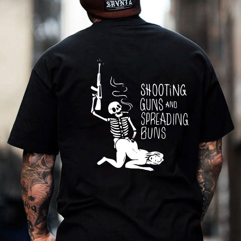 SHOOTING GUNS AND SPREADING BUNS Skull with Sexy Lady Print T-shirt