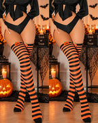 2 Pairs Halloween Colorblock Striped Bow Pumpkin Stockings