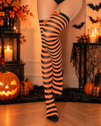 2 Pairs Halloween Colorblock Striped Bow Pumpkin Stockings