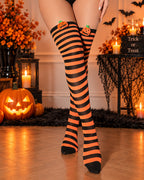 2 Pairs Halloween Colorblock Striped Bow Pumpkin Stockings