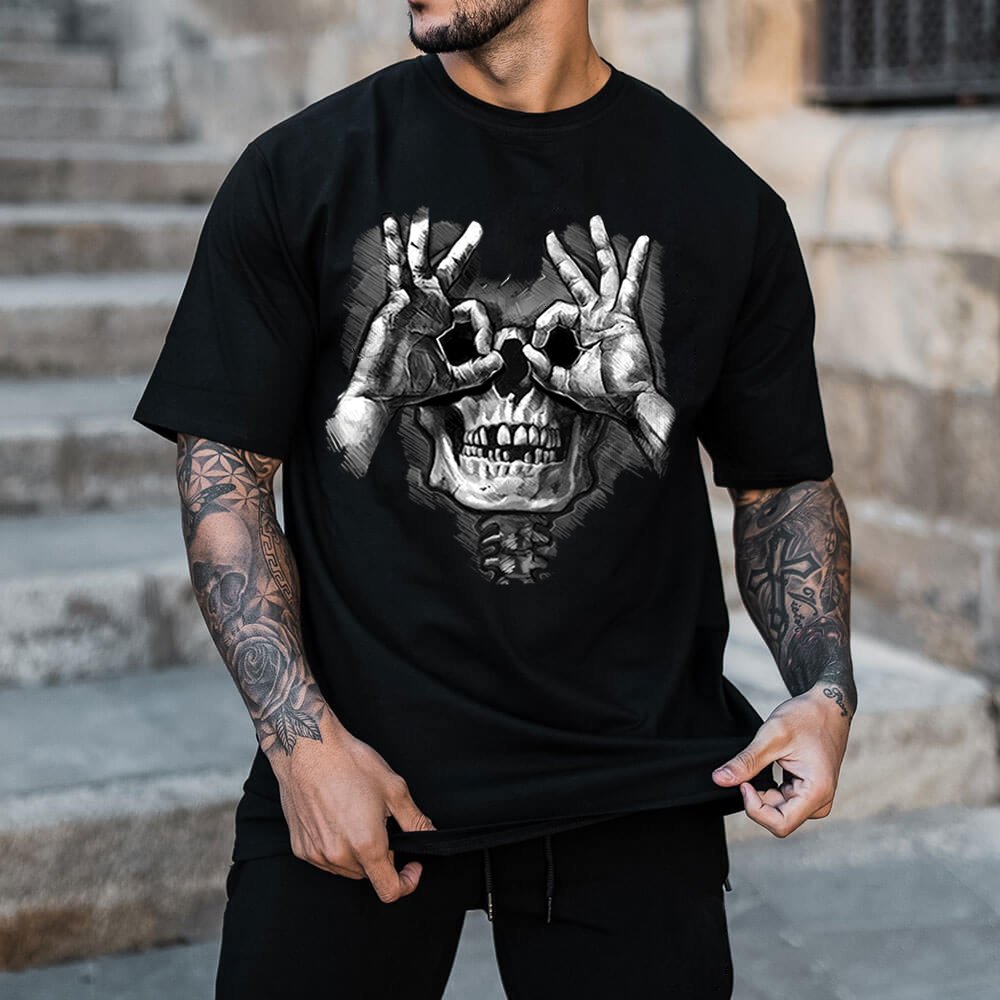 Skull with OK Pattern Graphic Casual Black Print T-shirt