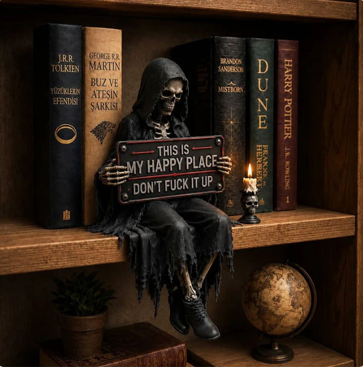 "This Is My Happy Place" Skeleton Bookshelf Decor